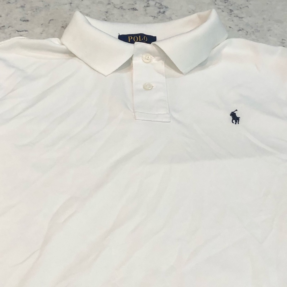 Boys White Polo Shirt with Navy Logo